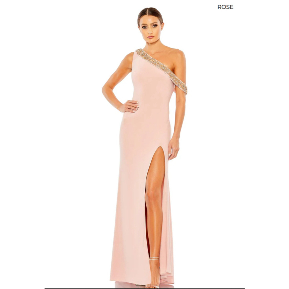 Mac Duggal Pink Beaded Drop Shoulder Jersey Gown,8